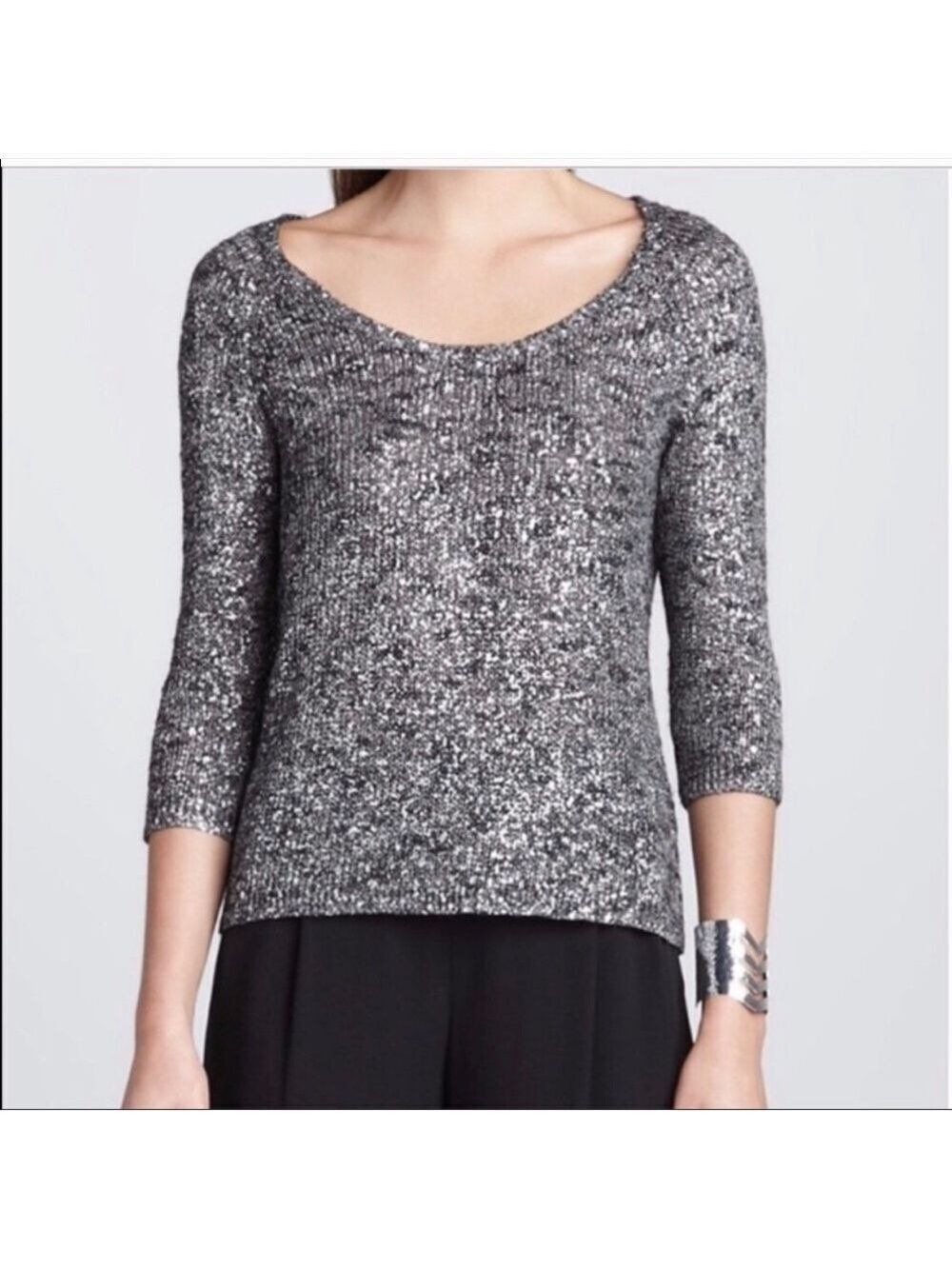 EILEEN FISHER Silver Knit Scoop Neck Sweater small petite